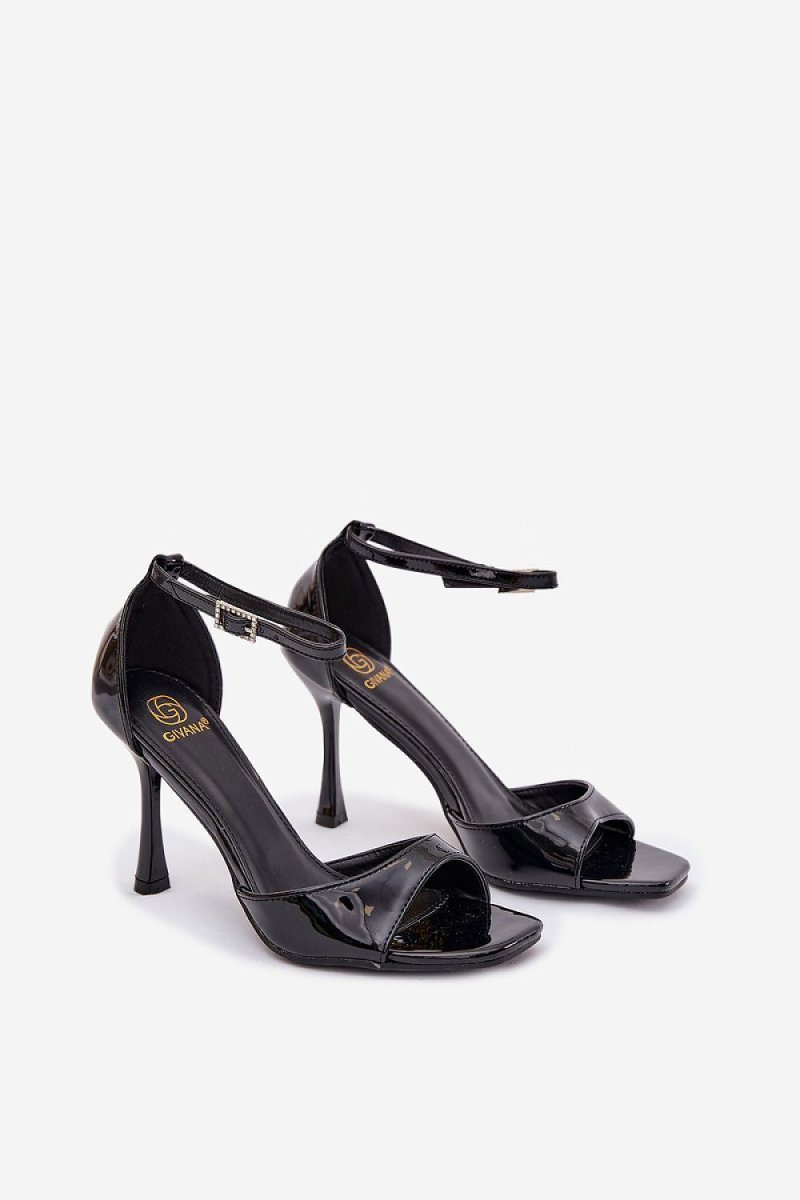 Women's Black Heel Sandals with Ankle Strap - 