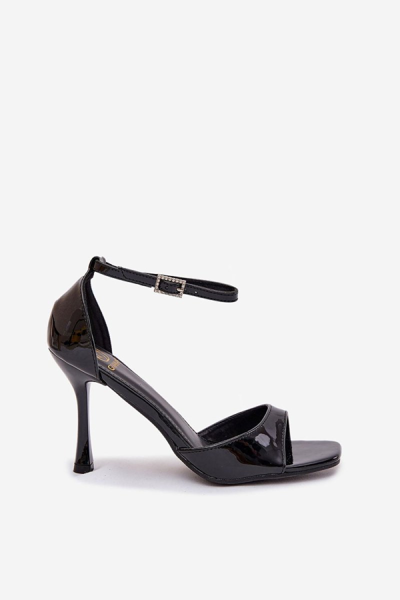 Women's Black Heel Sandals with Ankle Strap - 