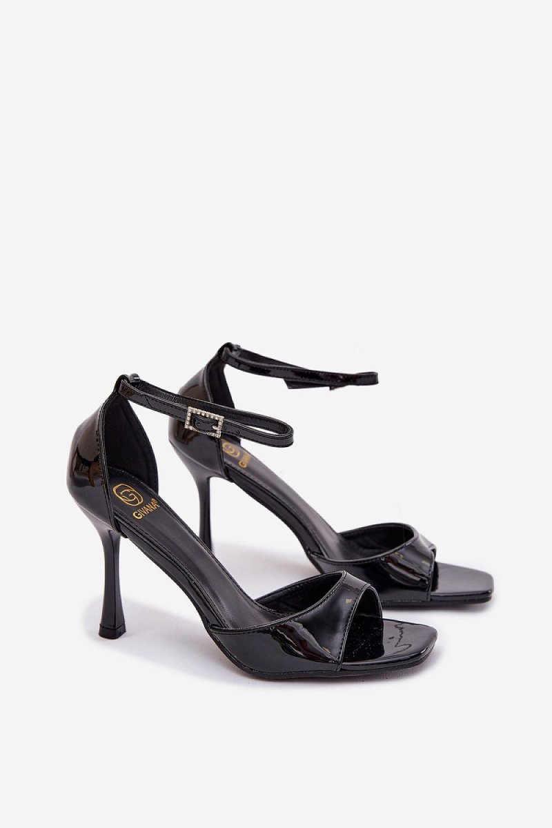 Women's Black Heel Sandals with Ankle Strap - 