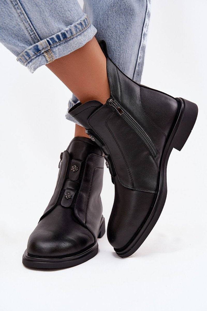 Women's Black Leather Ankle Boots - 