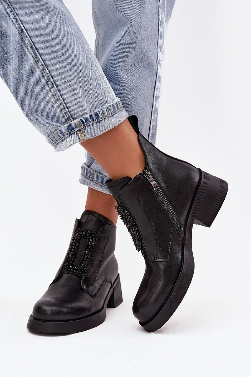 Women's Black Leather Ankle Boots - 