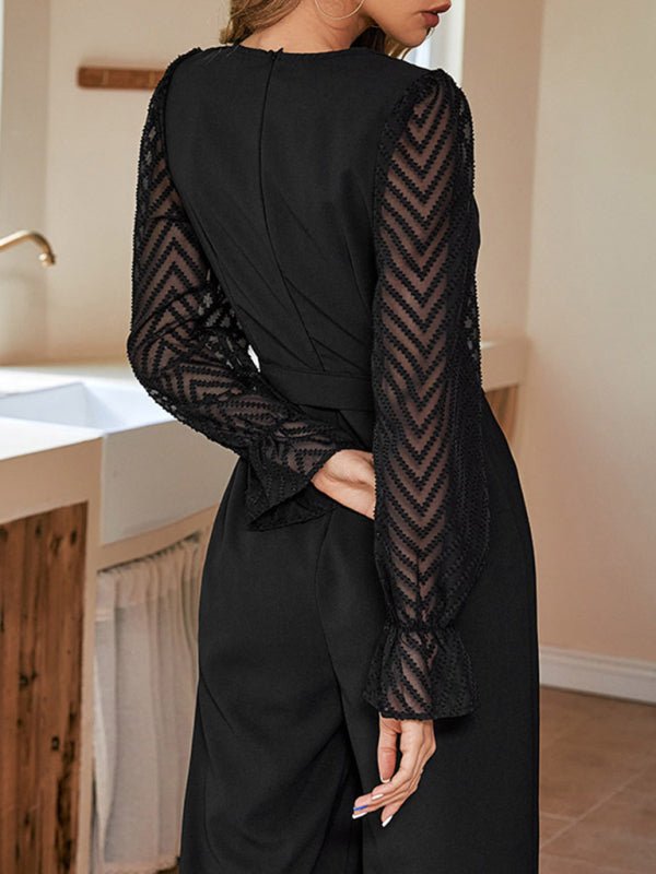 Women's Black Stitching See - Through Slim Elegant Jumpsuit - Jumpsuit