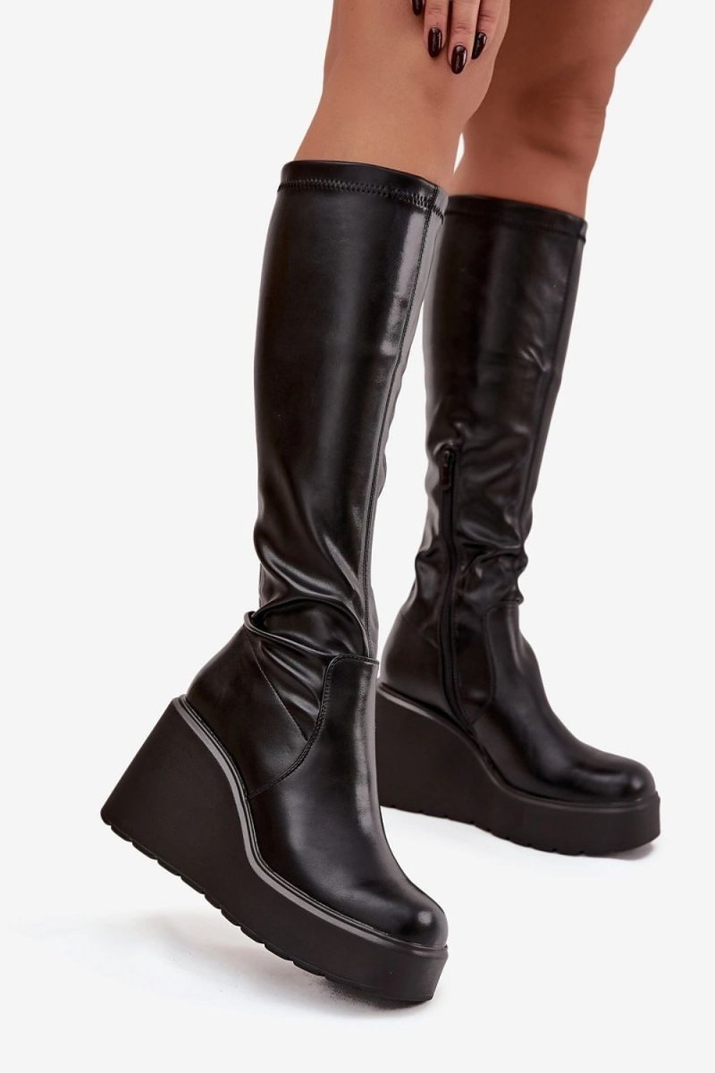 Women's Black Wedge Boots - 