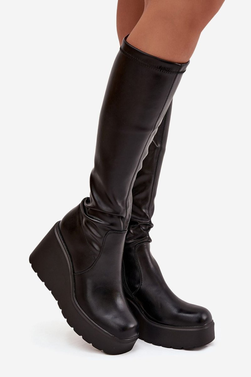 Women's Black Wedge Boots - 
