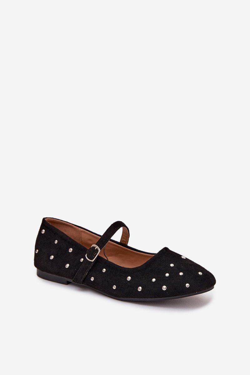 Women's Black & White Ballet Flats with Buckle - 