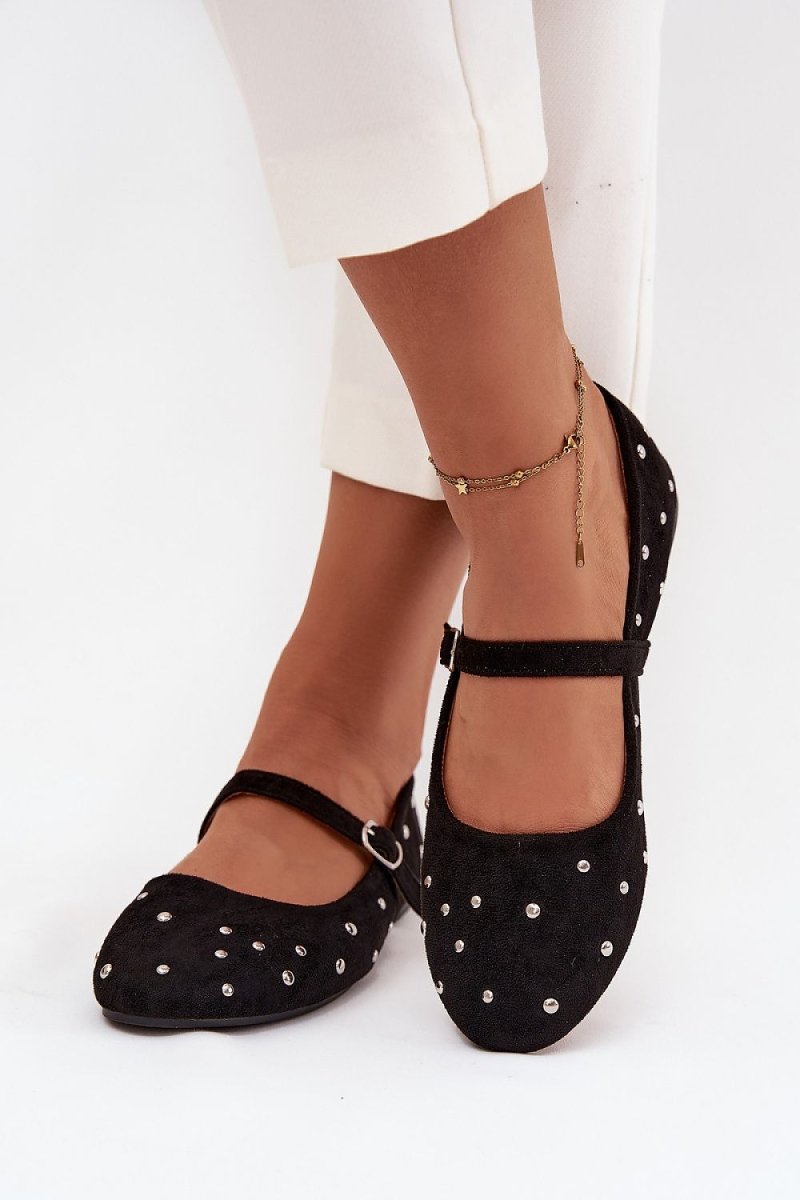 Women's Black & White Ballet Flats with Buckle - 