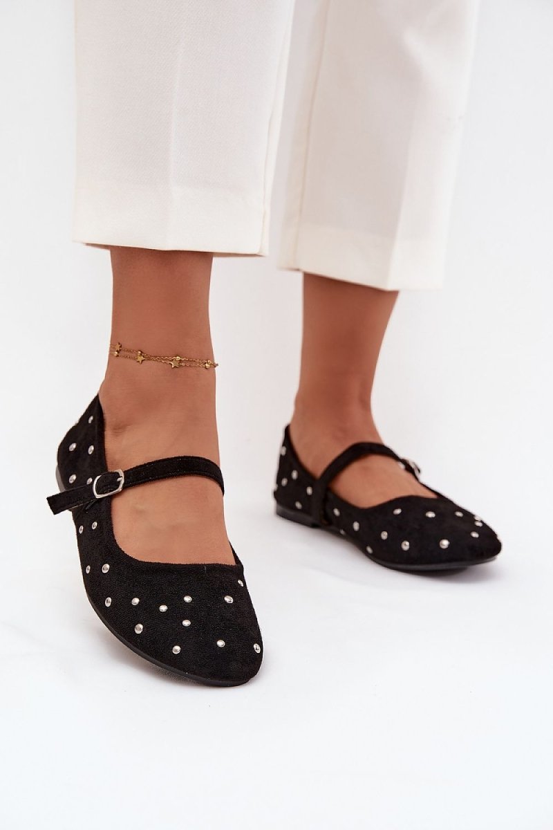 Women's Black & White Ballet Flats with Buckle - 