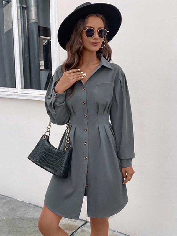 Women's Button Long Sleeve Solid Color Shirt Dress - Casual Dress