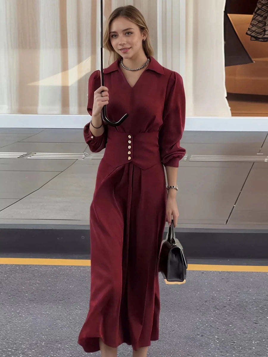 Women's Buttoned Pleated Midi Dress - 