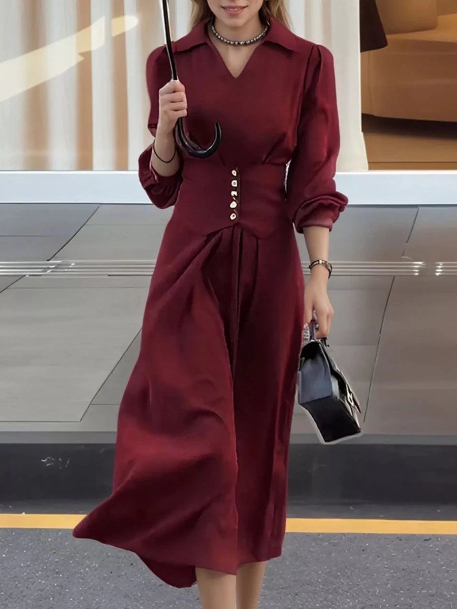 Women's Buttoned Pleated Midi Dress - 