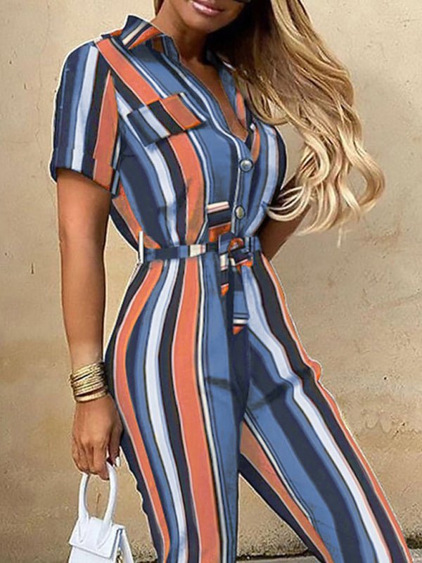 Women's Casual Lapel Buttoned Belt Cargo Jumpsuit - Jumpsuit
