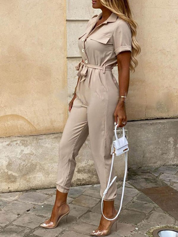 Women's Casual Lapel Buttoned Belt Cargo Jumpsuit - Jumpsuit