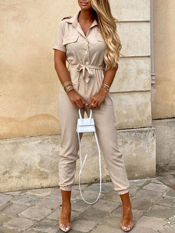 Women's Casual Lapel Buttoned Belt Cargo Jumpsuit - Jumpsuit