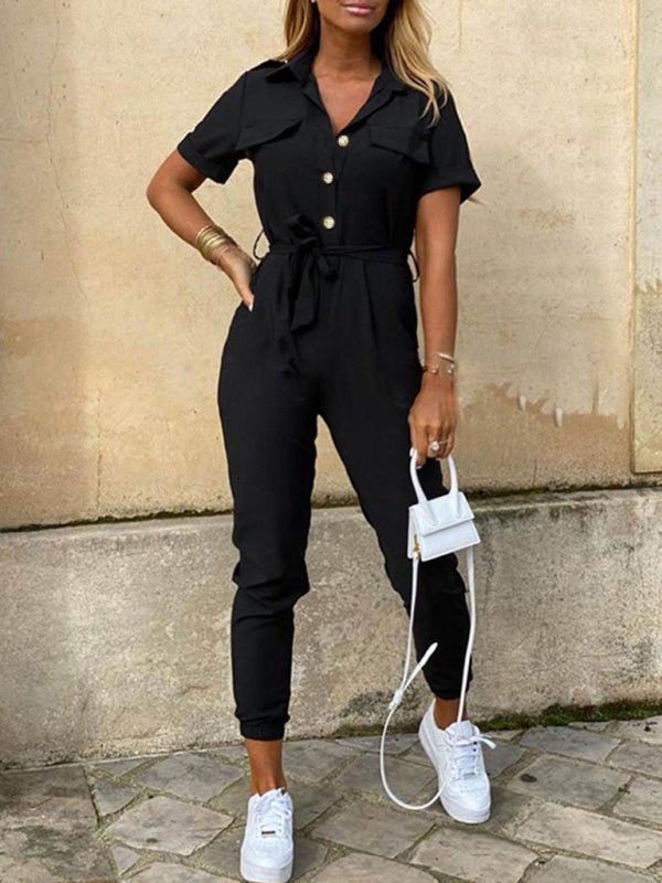 Women's Casual Lapel Buttoned Belt Cargo Jumpsuit - Jumpsuit