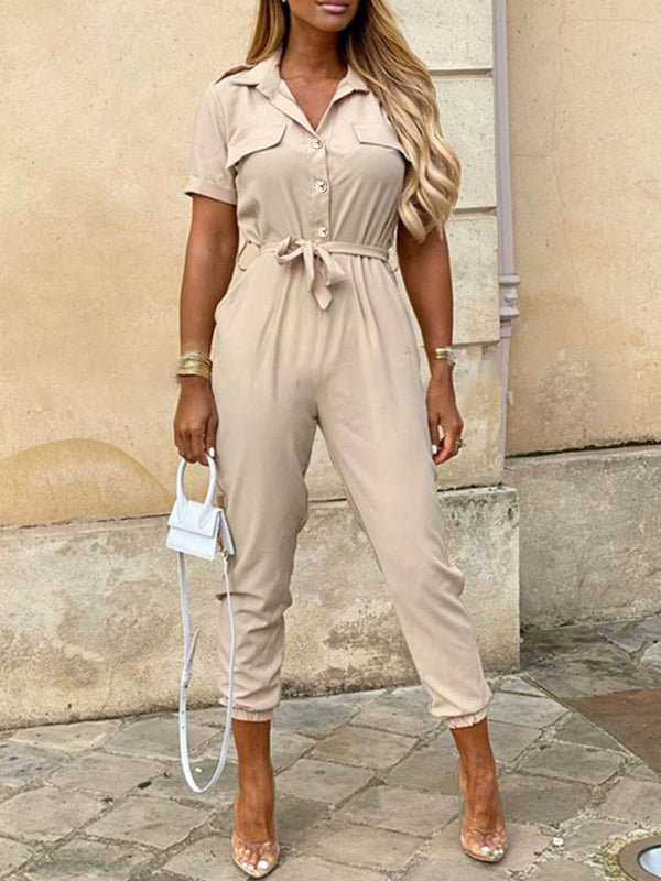 Women's Casual Lapel Buttoned Belt Cargo Jumpsuit - Jumpsuit