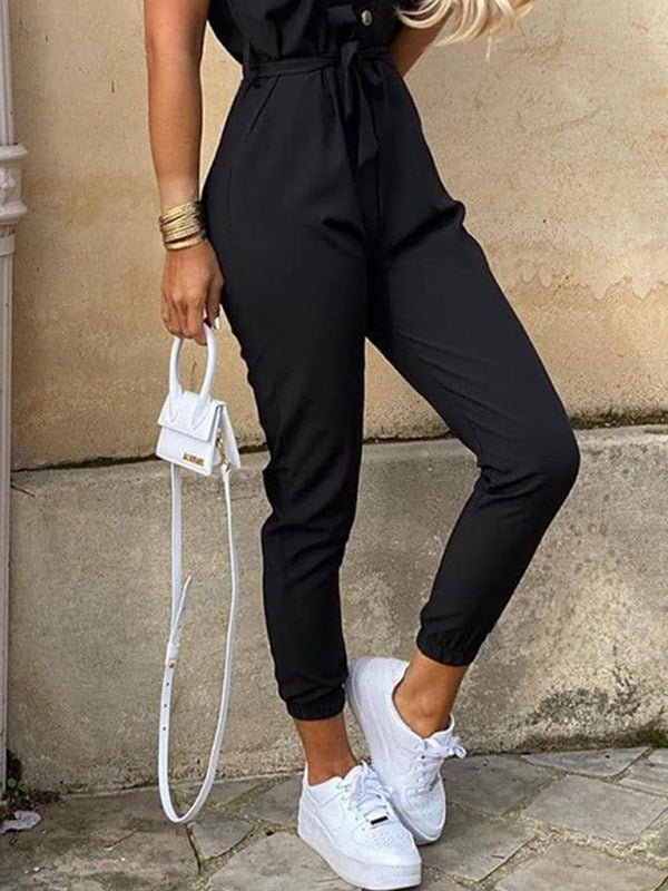 Women's Casual Lapel Buttoned Belt Cargo Jumpsuit - Jumpsuit