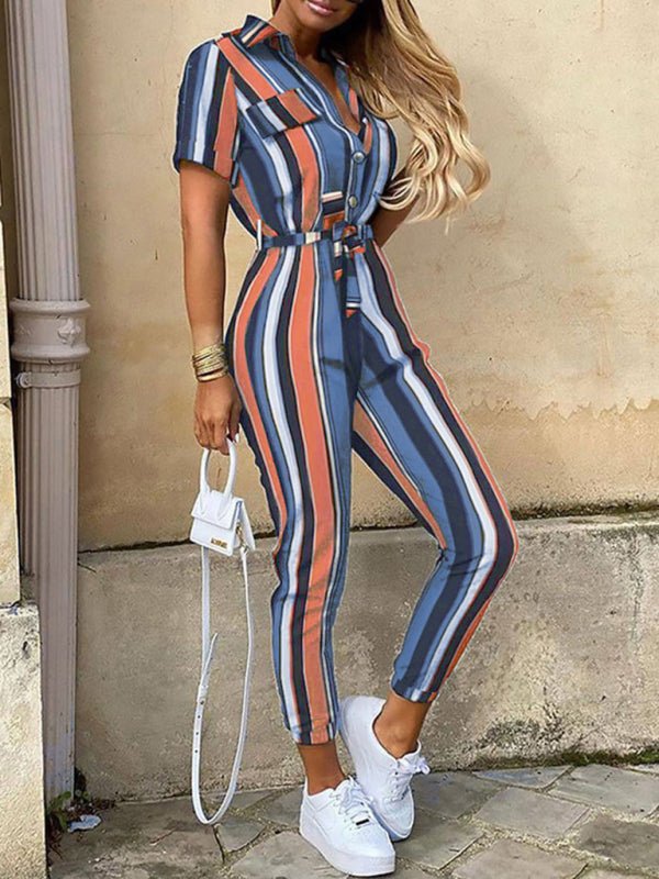 Women's Casual Lapel Buttoned Belt Cargo Jumpsuit - Jumpsuit