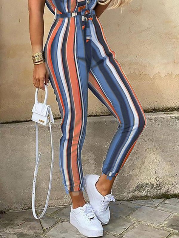 Women's Casual Lapel Buttoned Belt Cargo Jumpsuit - Jumpsuit