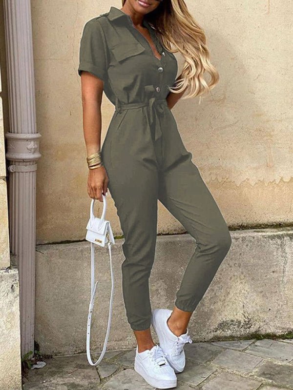 Women's Casual Lapel Buttoned Belt Cargo Jumpsuit - Jumpsuit