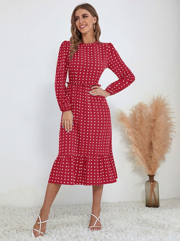 Women's casual long sleeve French polka dot dress - Day Dress
