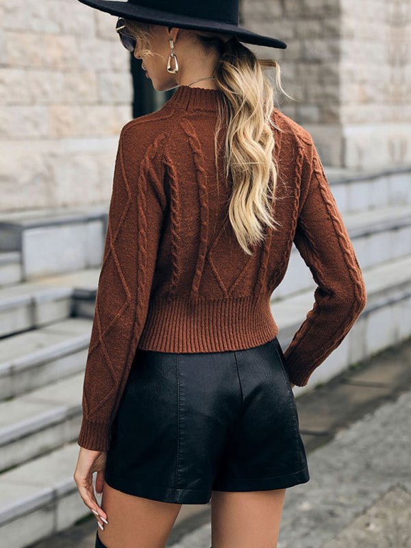 women's casual long sleeve solid color twist short sweater - Outerwear