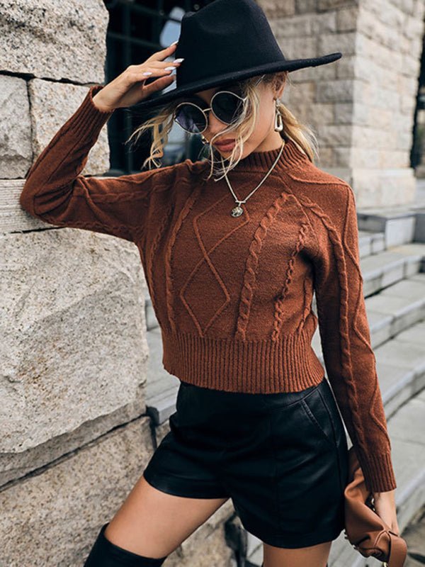 women's casual long sleeve solid color twist short sweater - Outerwear