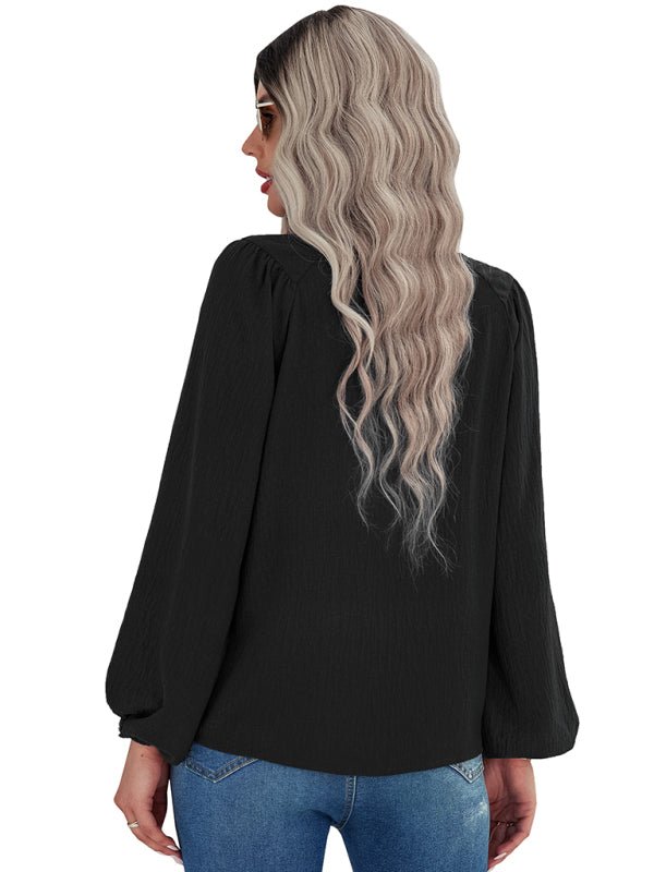 Women's casual loose round neck solid color pullover shirt - Top