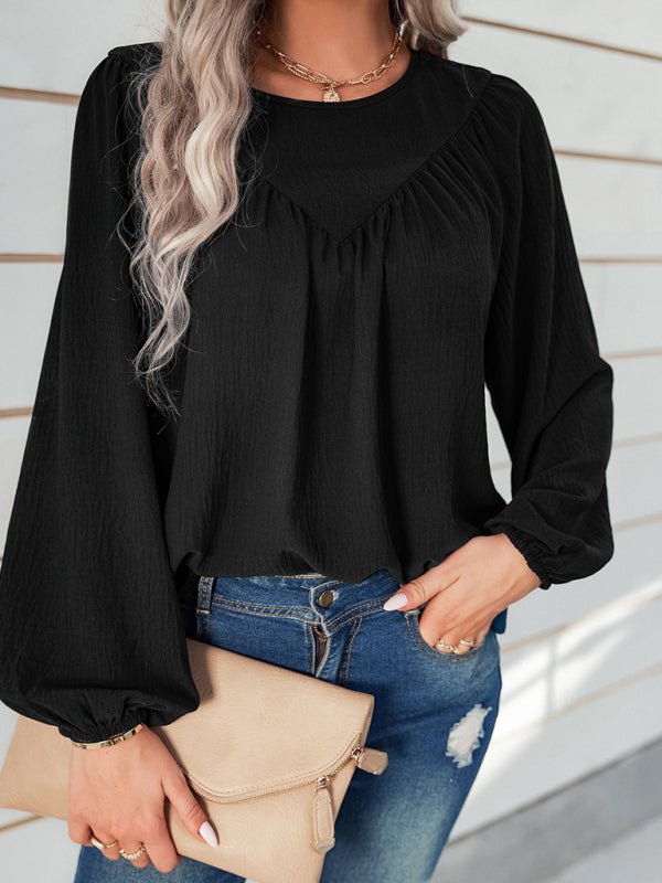 Women's casual loose round neck solid color pullover shirt - Top