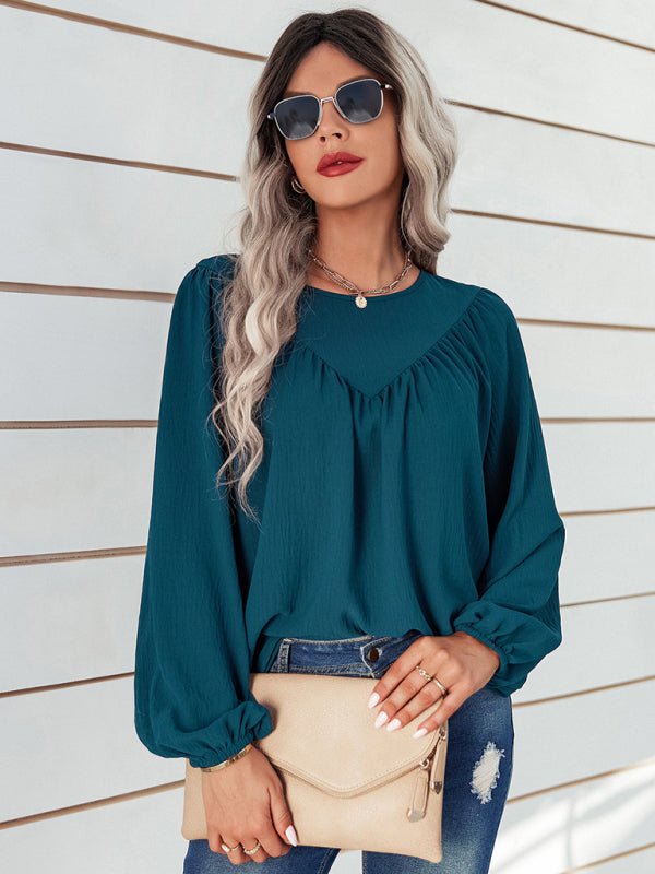Women's casual loose round neck solid color pullover shirt - Top