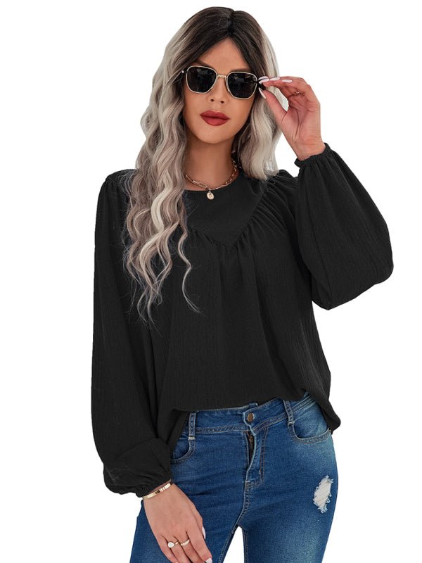 Women's casual loose round neck solid color pullover shirt - Top