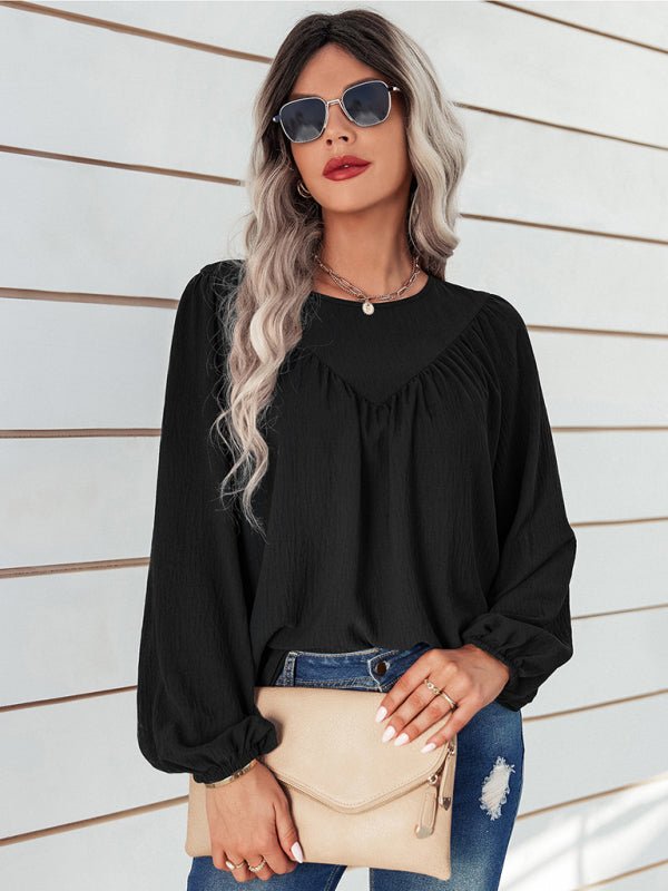 Women's casual loose round neck solid color pullover shirt - Top