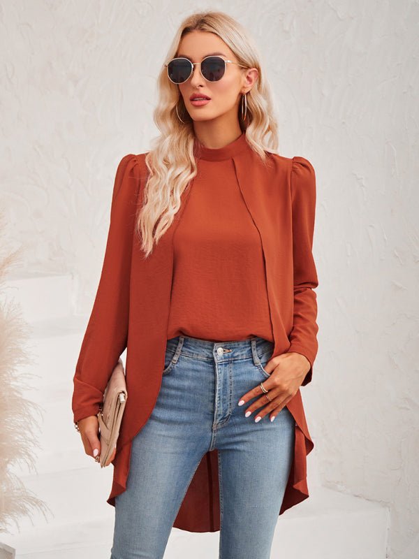 Women's Casual Solid Color Half Turtleneck Long Sleeves Fake Two Piece Shirt - Top