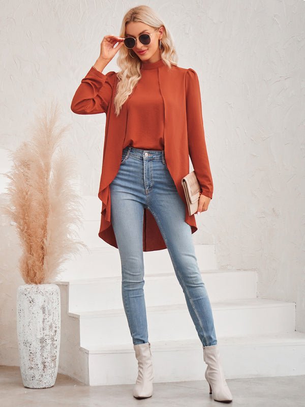 Women's Casual Solid Color Half Turtleneck Long Sleeves Fake Two Piece Shirt - Top