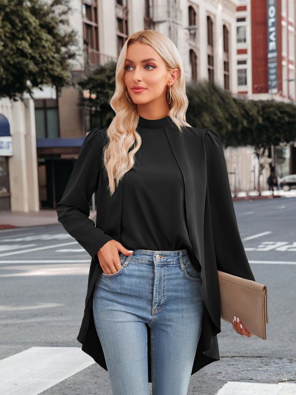 Women's Casual Solid Color Half Turtleneck Long Sleeves Fake Two Piece Shirt - Top
