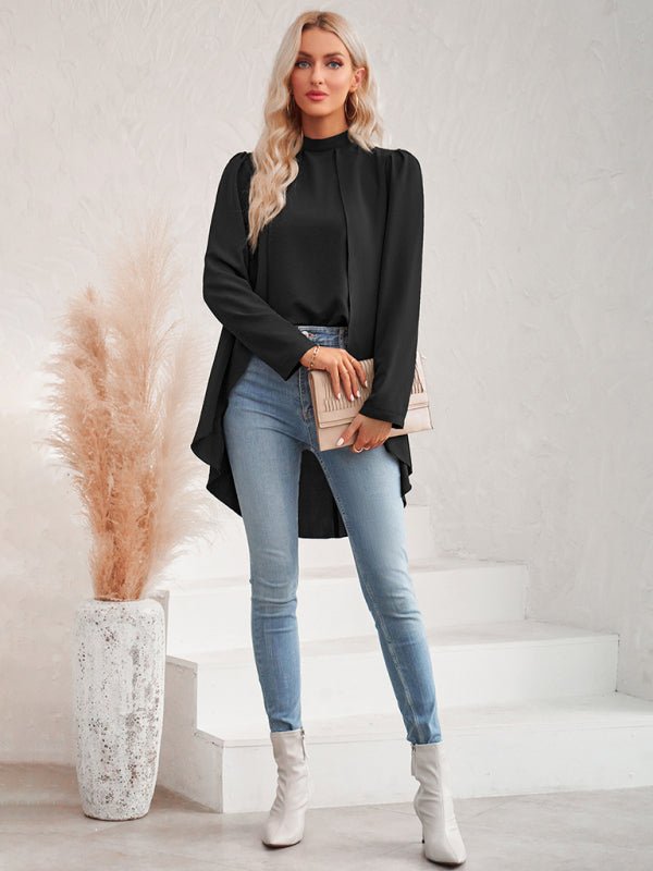 Women's Casual Solid Color Half Turtleneck Long Sleeves Fake Two Piece Shirt - Top