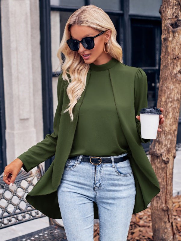 Women's Casual Solid Color Half Turtleneck Long Sleeves Fake Two Piece Shirt - Top