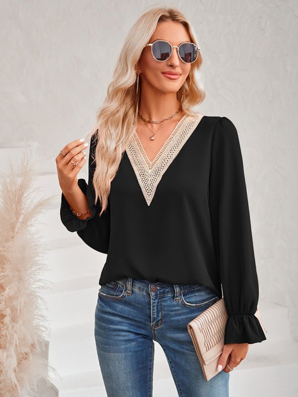 Women's casual solid color v - neck lace ruffle sleeve loose top - Top