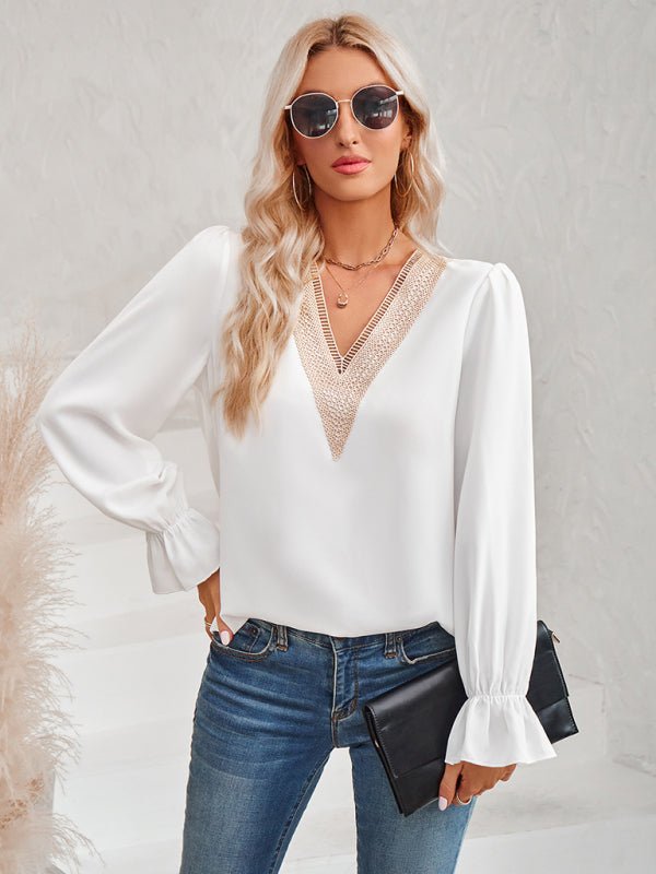 Women's casual solid color v - neck lace ruffle sleeve loose top - Top