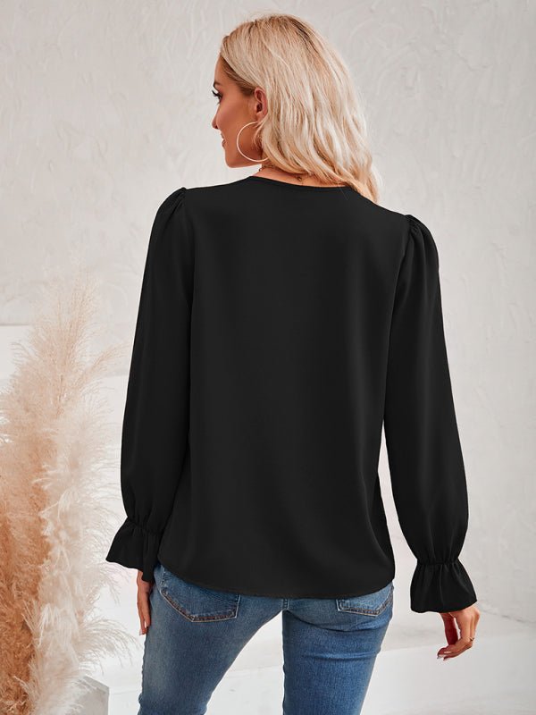 Women's casual solid color v - neck lace ruffle sleeve loose top - Top