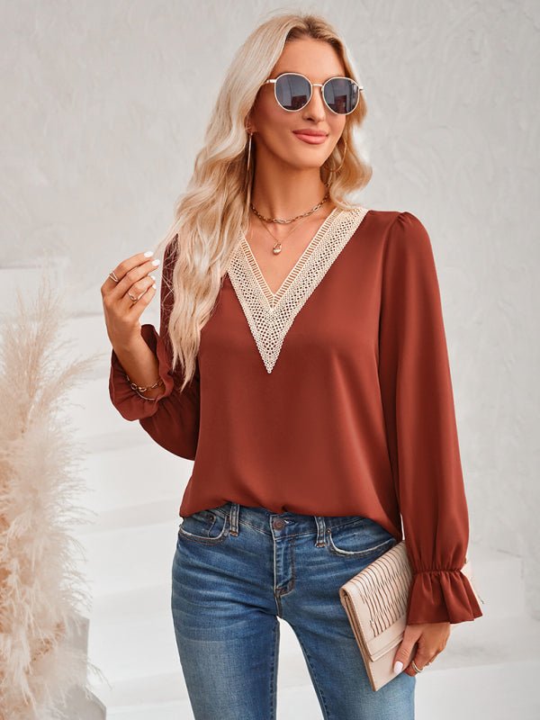 Women's casual solid color v - neck lace ruffle sleeve loose top - Top