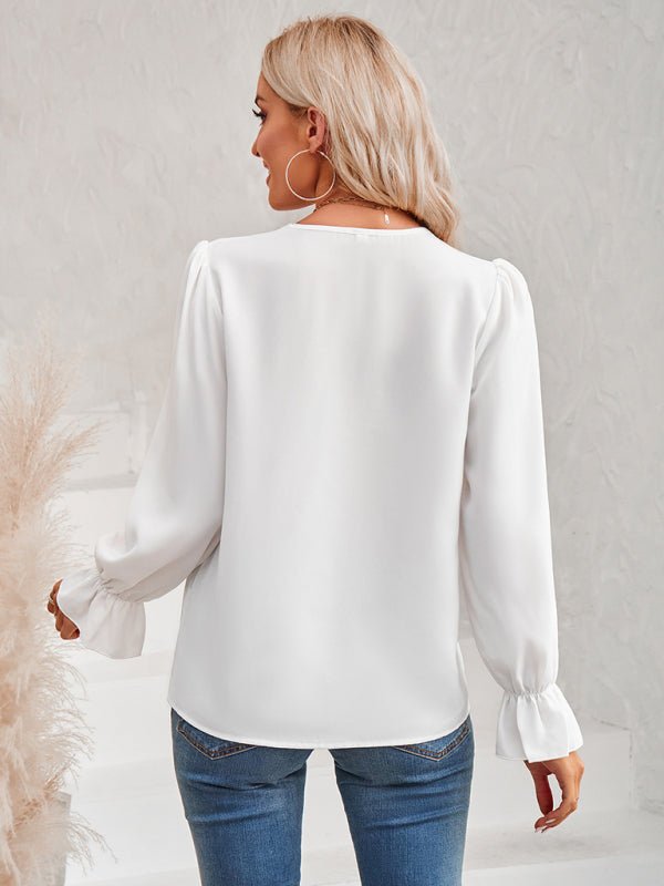 Women's casual solid color v - neck lace ruffle sleeve loose top - Top