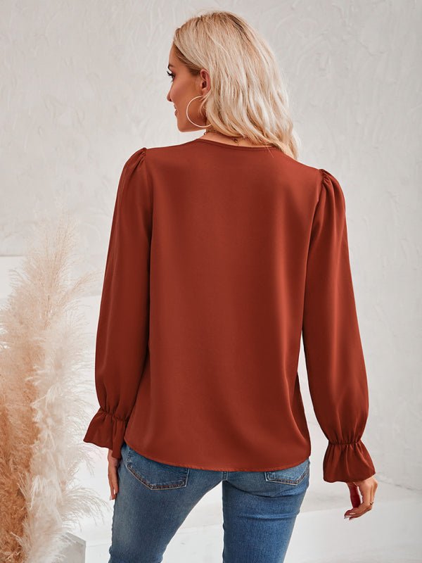 Women's casual solid color v - neck lace ruffle sleeve loose top - Top
