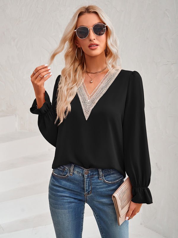 Women's casual solid color v - neck lace ruffle sleeve loose top - Top