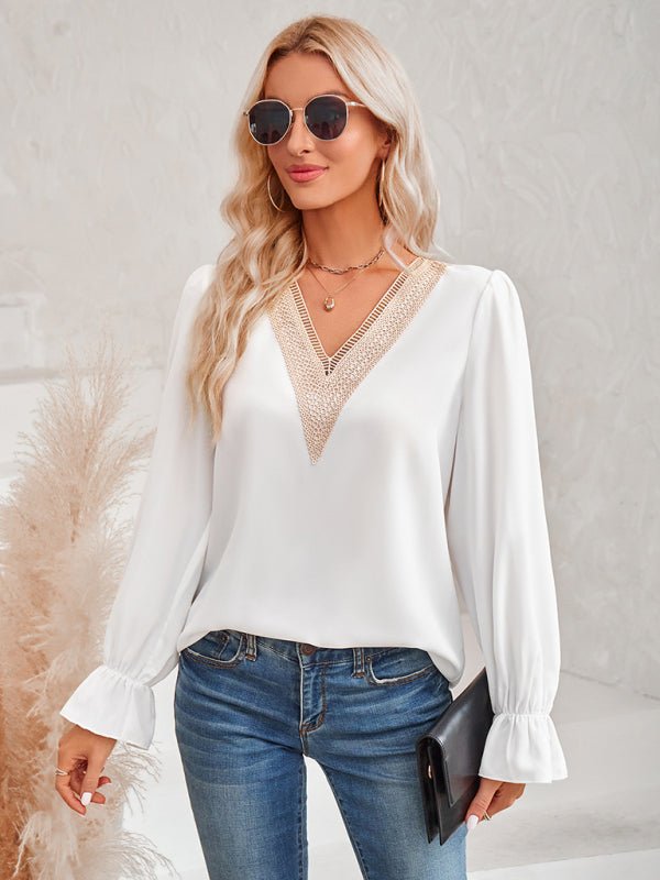 Women's casual solid color v - neck lace ruffle sleeve loose top - Top
