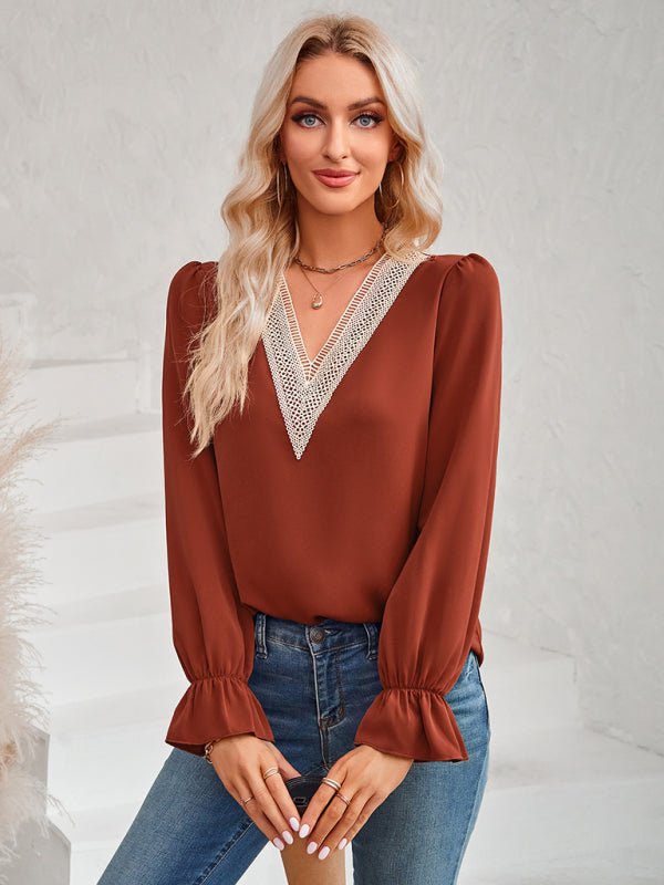 Women's casual solid color v - neck lace ruffle sleeve loose top - Top
