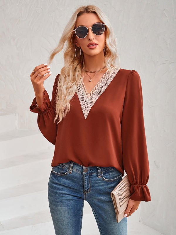Women's casual solid color v - neck lace ruffle sleeve loose top - Top