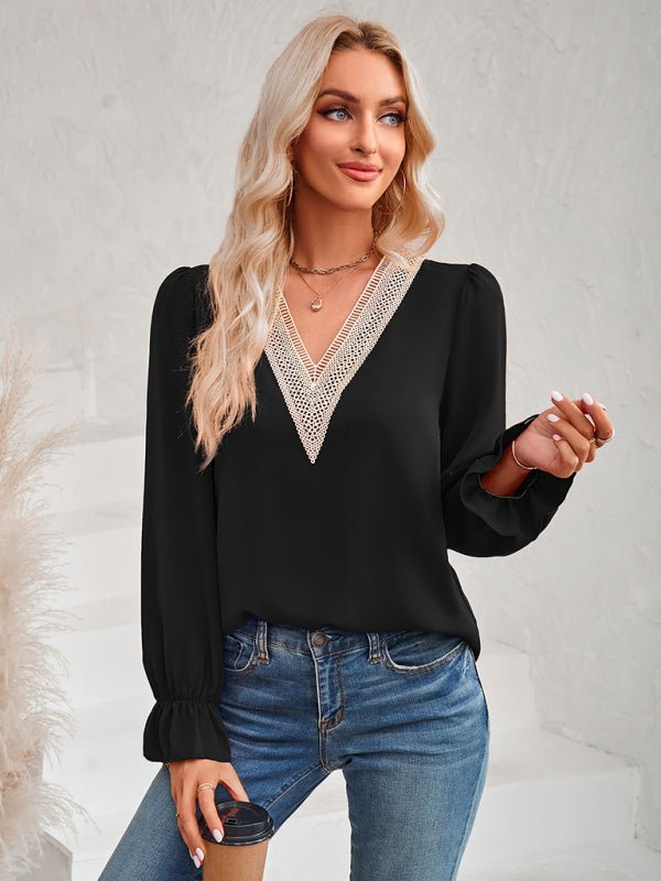 Women's casual solid color v - neck lace ruffle sleeve loose top - Top