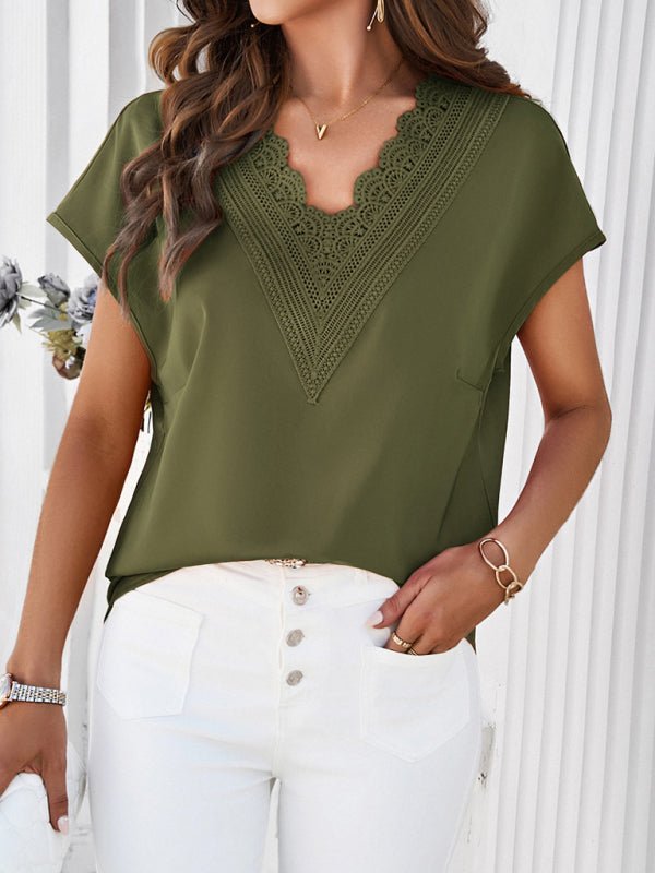 Women's casual solid color V - neck short - sleeved shirt - Top