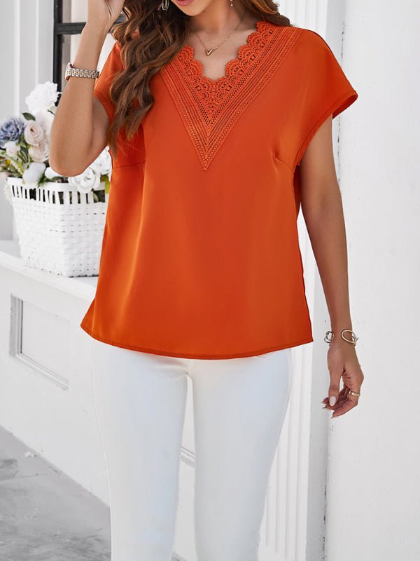 Women's casual solid color V - neck short - sleeved shirt - Top