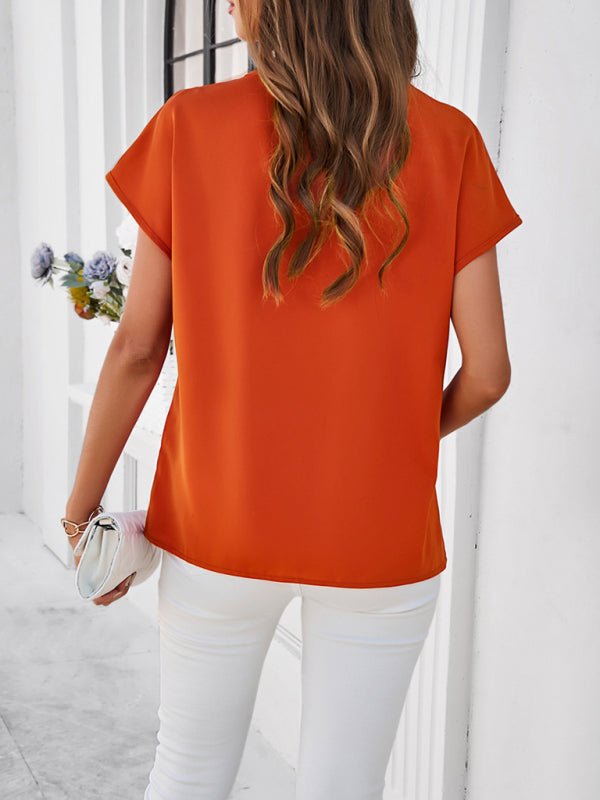 Women's casual solid color V - neck short - sleeved shirt - Top